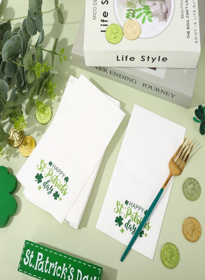 JarThenaAMCS مناديل ضيوف JarThenaAMCS، 50 قطعة، ورق أبيض، مناشف يد خضراء بنقشة نبات البرسيم، مناديل عشاء للاستخدام مرة واحدة بنقشة البرسيم المحظوظ، مثالية لحفلات الأعياد الأيرلندية. - Image 4